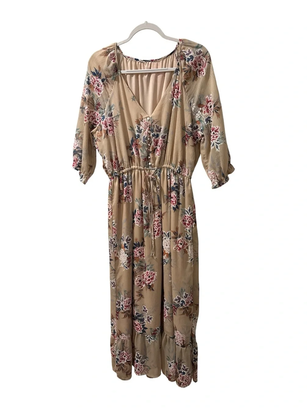 Just Found Floral Maxi Dress Sheer Chiffon Ruffle Hem Neutral Boho Pink Blue
